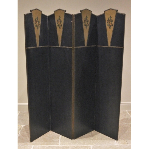 1193 - A 1930's three fold leather room screen, each panel inset with a painted gilt wedge, applied with a ... 