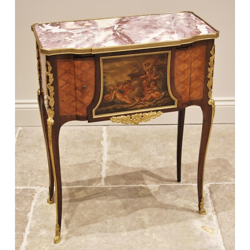 1196 - A French Louis XV Vernis Martin style marble top kingwood side cabinet, early 20th century, the shap... 