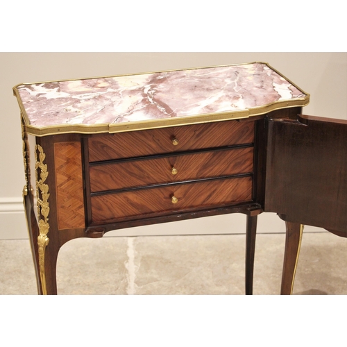 1196 - A French Louis XV Vernis Martin style marble top kingwood side cabinet, early 20th century, the shap... 