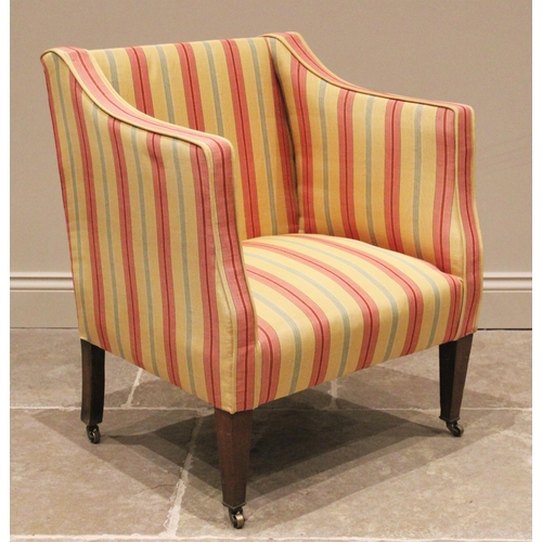 1205 - An Edwardian mahogany and upholstered tub chair, re-covered in vibrant striped fabric, upon tapering... 