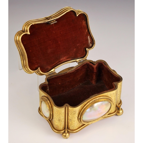 477 - A Victorian lacquered brass and mother of pearl set casket, 19th century, of rectangular serpentine ... 