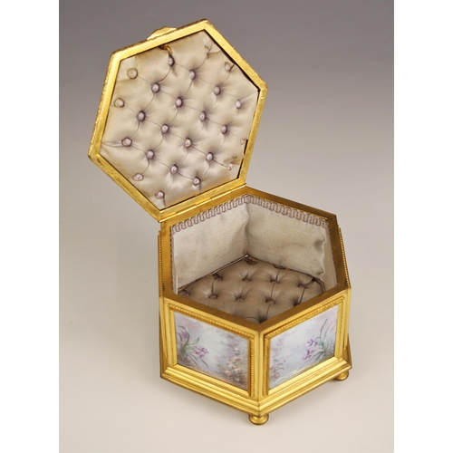 478 - An enamel inset casket, late 19th/early 20th century, of hexagonal form, the cover painted with thre... 