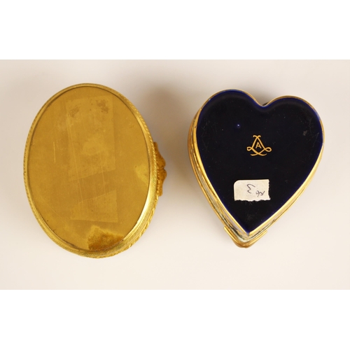 480 - A porcelain enamel Sevres style trinket box, 20th century, of heart shaped form, with a central scen... 