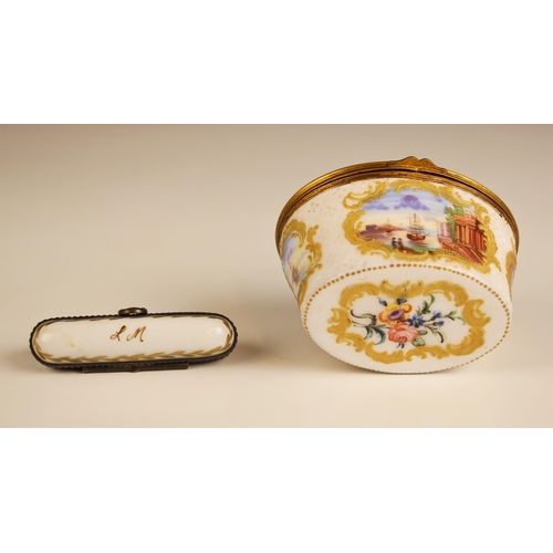 482 - A porcelain oval box, 19th century,  the hinged cover enamelled with a central harbour landscape and... 