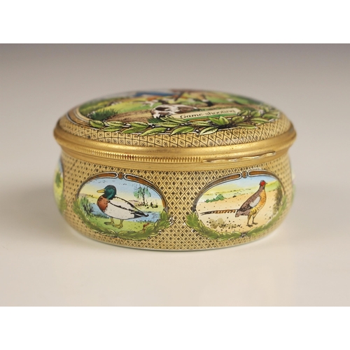 488 - A Halcyon Days enamel pill box, 20th century, commissioned by James Purdey & Son, the hinged cover d... 