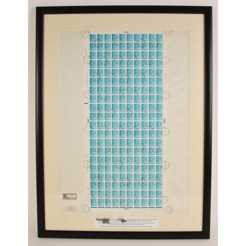 617 - A framed and glazed 1979 1/2p sheet of two hundred stamps affixed a large cover, used locally at Cuf... 