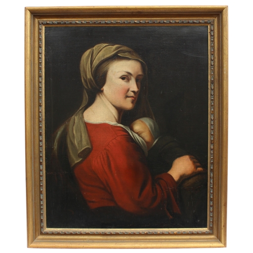 671 - Italian School (19th century),  
A madonna and child,  
Oil on canvas (later re-laid),  
Unsigned,  ... 