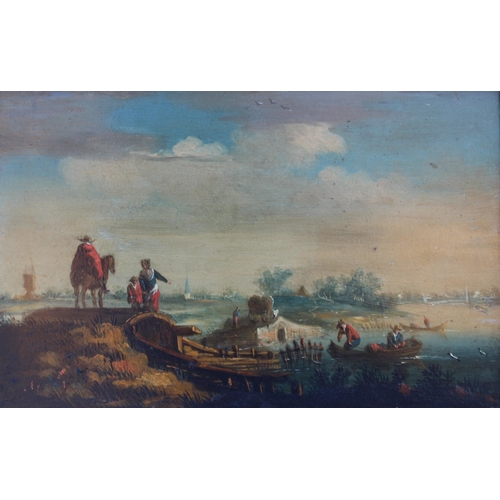 673 - Dutch school (18th century),  
A pair of river scenes with figures,  
Oil on copper panel,  
Unsigne... 