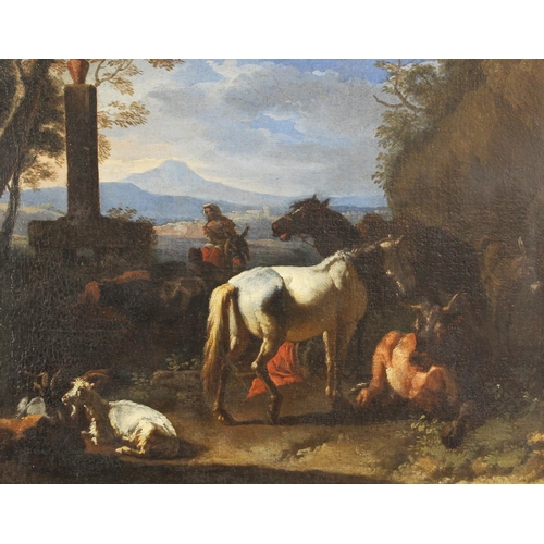 688 - Circle of Pieter Van Bloemen (Flemish, 1657–1720),  
Resting travellers with horses, cattle and goat... 