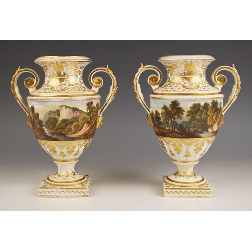 799 - A pair of Bloor Derby vases, 19th century, each urn shaped vase with acanthus moulded handles elabor... 