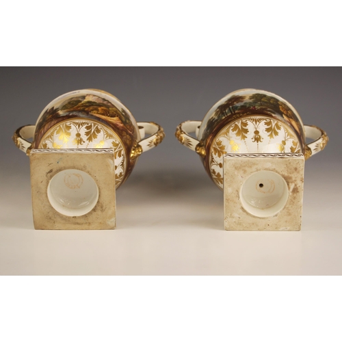 799 - A pair of Bloor Derby vases, 19th century, each urn shaped vase with acanthus moulded handles elabor... 