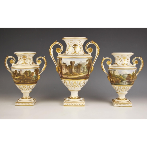 802 - A garniture of three Bloor Derby vases, 19th century, each urn shaped vase with acanthus moulded han... 