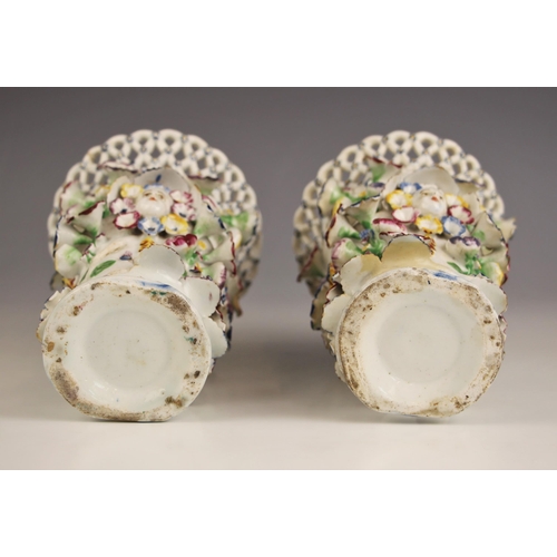 814 - A pair of Bow porcelain frill vases, 18th century, each of flared cylindrical form, the pierced rim ... 