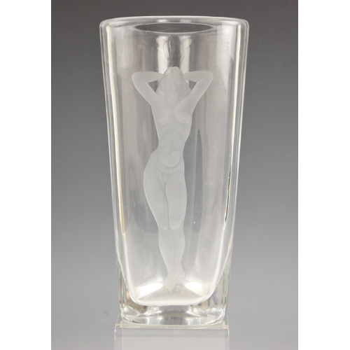 918 - A Viktor Lindstrand for Orrefors glass vase, 20th century, the triangular body with engraved female ... 