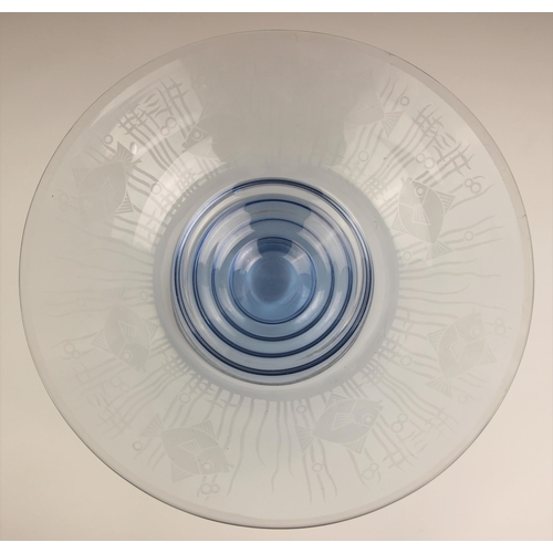 920 - A Portieux blue glass bowl, 20th century, the conical bowl with stepped central well, the exterior d... 