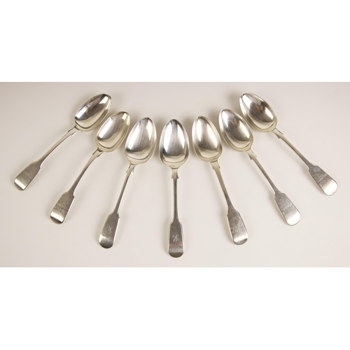 108 - A pair of Victorian silver fiddle pattern dessert spoons, Josiah Williams and Co, Exeter 1867, of pl... 