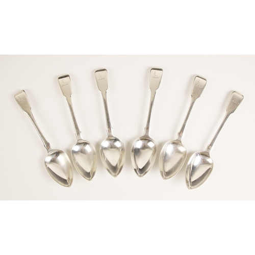 109 - A set of six George III silver fiddle pattern dessert spoons, William Eaton, London 1814, with crest... 