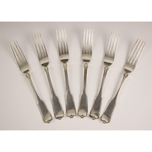 110 - A set of six George III silver fiddle and thread pattern forks, Samuel Neville, Dublin 1800, with cr... 