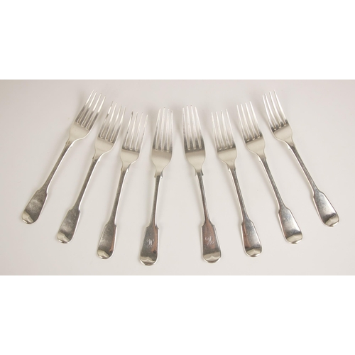 114 - A set of six George III silver fiddle pattern dessert forks, William Eaton, London 1813, with crest ... 