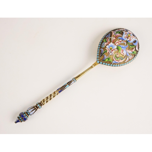 132 - A large Russian silver gilt and enamel spoon, Moscow, possibly Ivan Sergey Lebedkin, the shaped fini... 