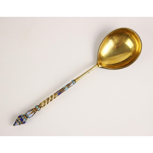 132 - A large Russian silver gilt and enamel spoon, Moscow, possibly Ivan Sergey Lebedkin, the shaped fini... 