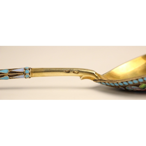 132 - A large Russian silver gilt and enamel spoon, Moscow, possibly Ivan Sergey Lebedkin, the shaped fini... 