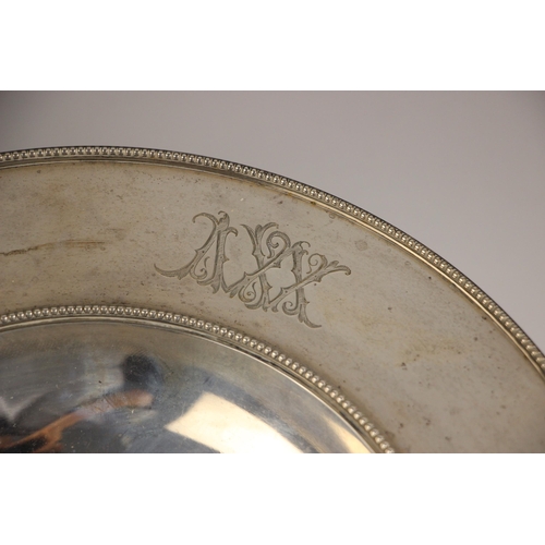 142 - A Russian silver swing handled dish, St Petersburg, makers mark in Cyrillic AL, the beaded rim above... 