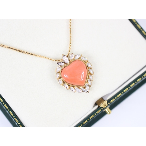 363 - An 18ct yellow gold untested coral and diamond necklace, the heart shaped coral pendant with stylise... 