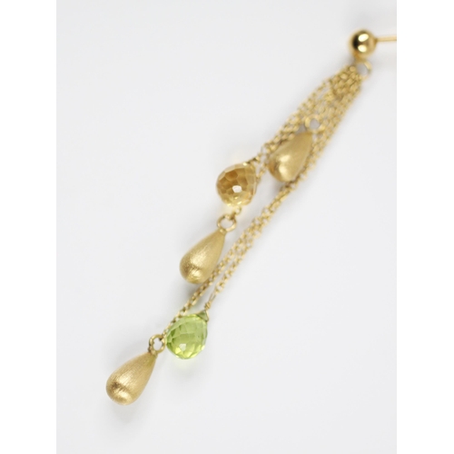 368 - A pair of late 20th century citrine and peridot earrings, the plain polished spherical yellow metal ... 