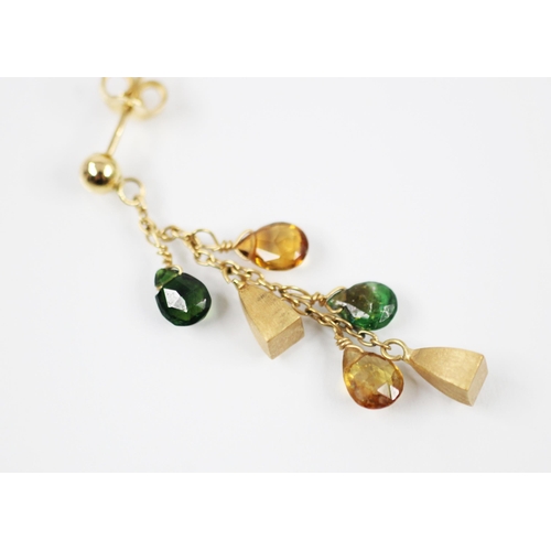 369 - A pair of late 20th century emerald and citrine earrings, the plain polished spherical yellow metal ... 