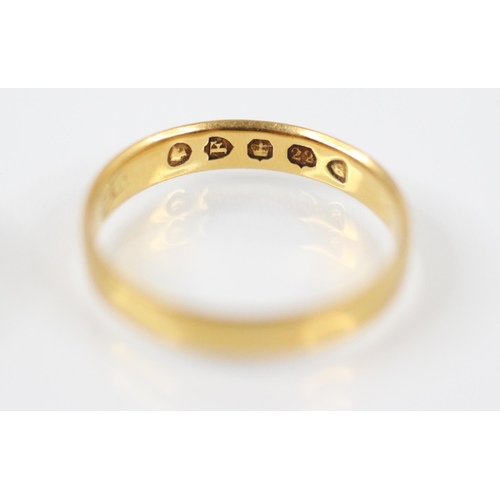 372 - A 22ct yellow gold wedding band, stamped London 1881, ring size L ½, 2.2gms, with a further 18ct yel... 