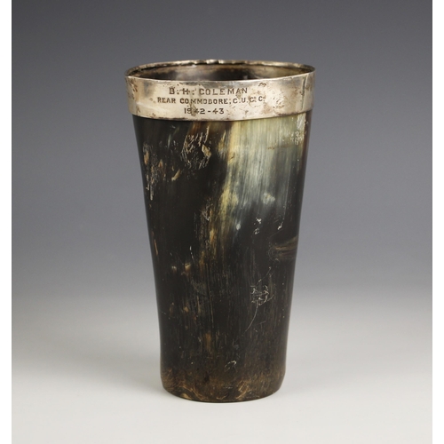 80 - Military Interest: A horn beaker with applied rim engraved 'B H Coleman, Rear Commodore C U Cr C, 19... 