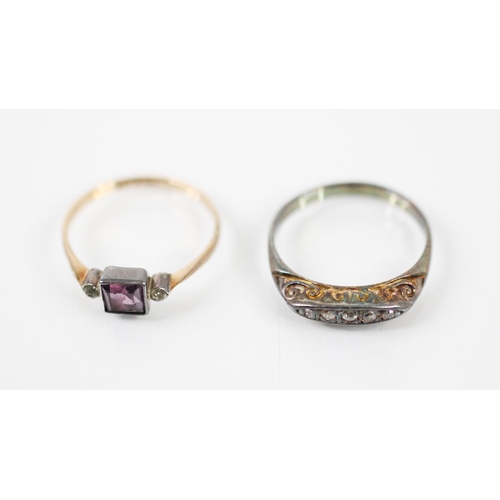 228 - A yellow metal diamond ring, the five graduated mixed cut diamonds within scroll work mount leading ... 