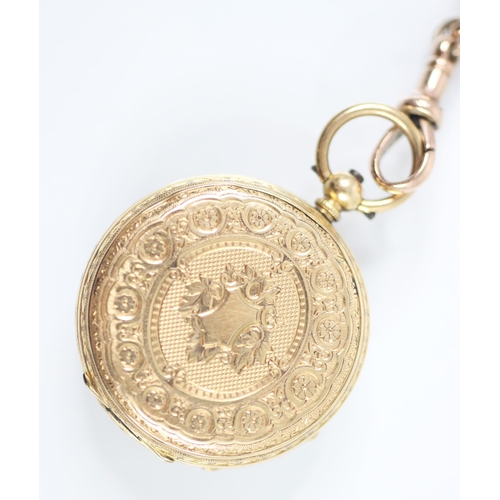 441 - A Victorian ladies yellow metal fob watch, the circular gold coloured dial with Roman numerals and c... 