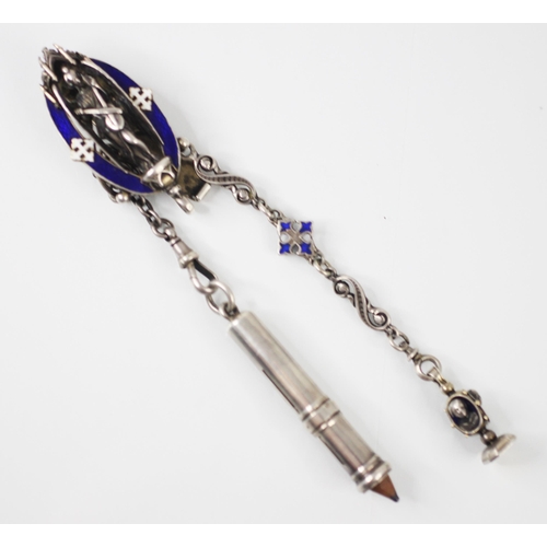 100 - An early 20th century enamel and white metal chatelaine, the oval clip with blue enamel border and c... 