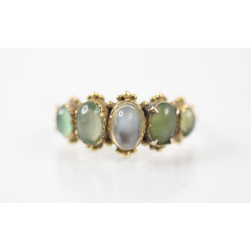 240 - A 20th century untested moonstone ring, the five graduated oval cabochon stones set within a closed ... 