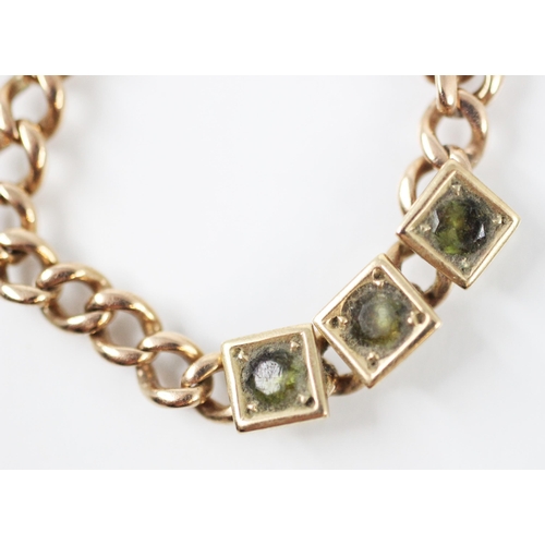 258 - An early 20th century yellow metal curb link bracelet, the plain polished links with three later app... 