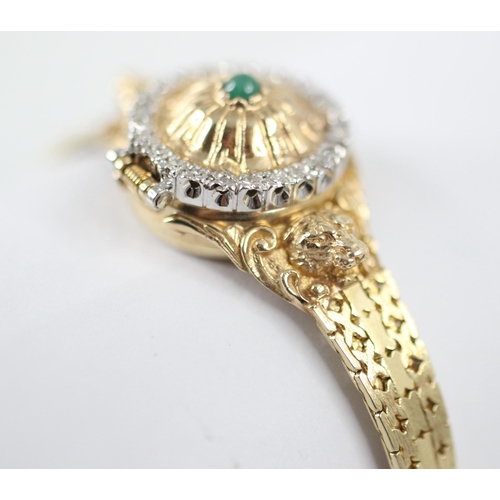 444 - A Faberge diamond cocktail watch, the circular gold coloured dial with four green stone detail, sign... 