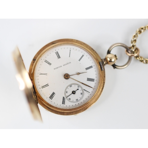 462 - A yellow metal full hunter ladies pocket watch, the circular white enamel dial with Roman numerals a... 