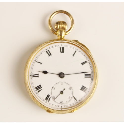 466 - A yellow metal ladies open faced pocket watch, the circular white enamel dial with roman numerals, a... 