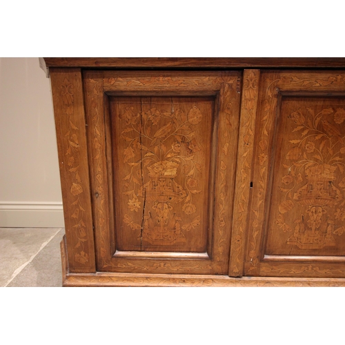 1099 - An 18th century Dutch walnut and floral marquetry side cabinet, profusely inlaid with chequered stri... 