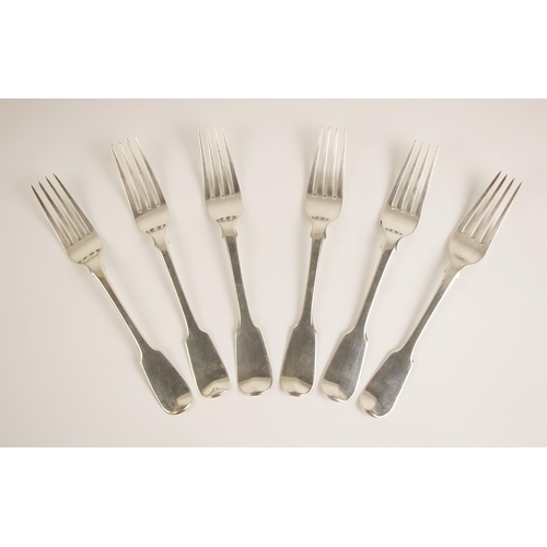 112 - A set of four George III silver fiddle pattern table forks, William Eley I & William Fearn, London 1... 