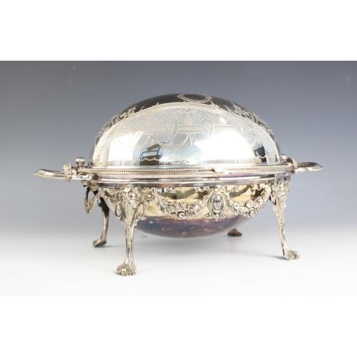 147 - A Victorian silver plated chafing or bacon dish, Boardman, Glossop and Co, with revolving cover and ... 