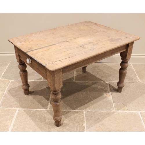 1188 - A Victorian pine kitchen/work table, the rectangular top with rounded corners over a single frieze d... 