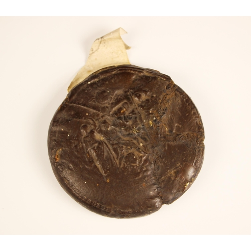 553 - A 17th century wax seal, originally attached to an indenture, or circular form and relief decorated ... 