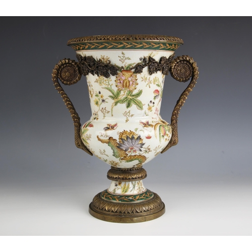 842 - A Wong Lee brass mounted porcelain campana style vase, late 20th century, the body decorated with bu... 