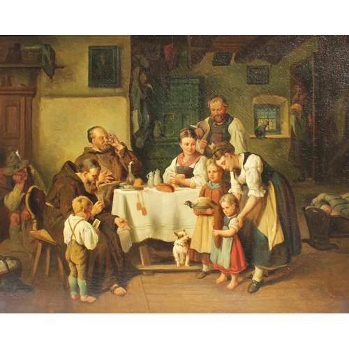 681 - Dutch School (19th century),  
A family sharing supper with two monks,  
Oil on canvas,  
Indistinct... 