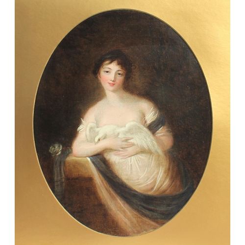 683 - French School (late 18th century),  
An oval mounted half length portrait of a seated young lady in ... 