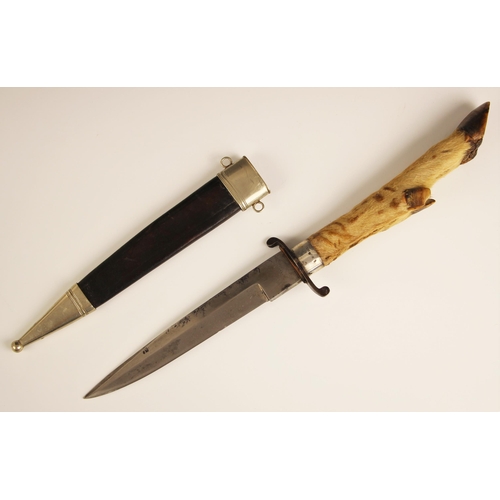 956 - A European hunting knife, early 20th century, with roe deer hoof hilt, with silver collar, initialle... 