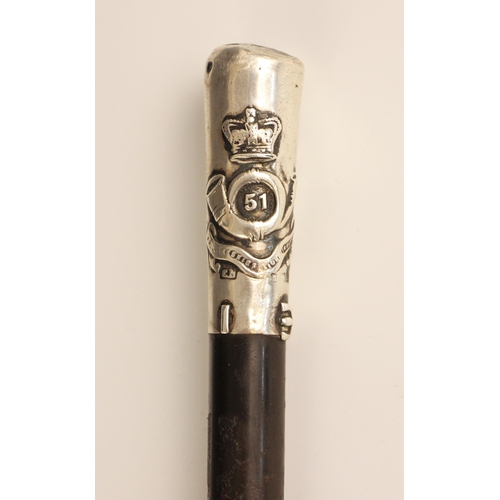 959 - A Yorkshire Light Infantry 'Football Cup' presentation swagger stick, the ebonised shaft with silver... 